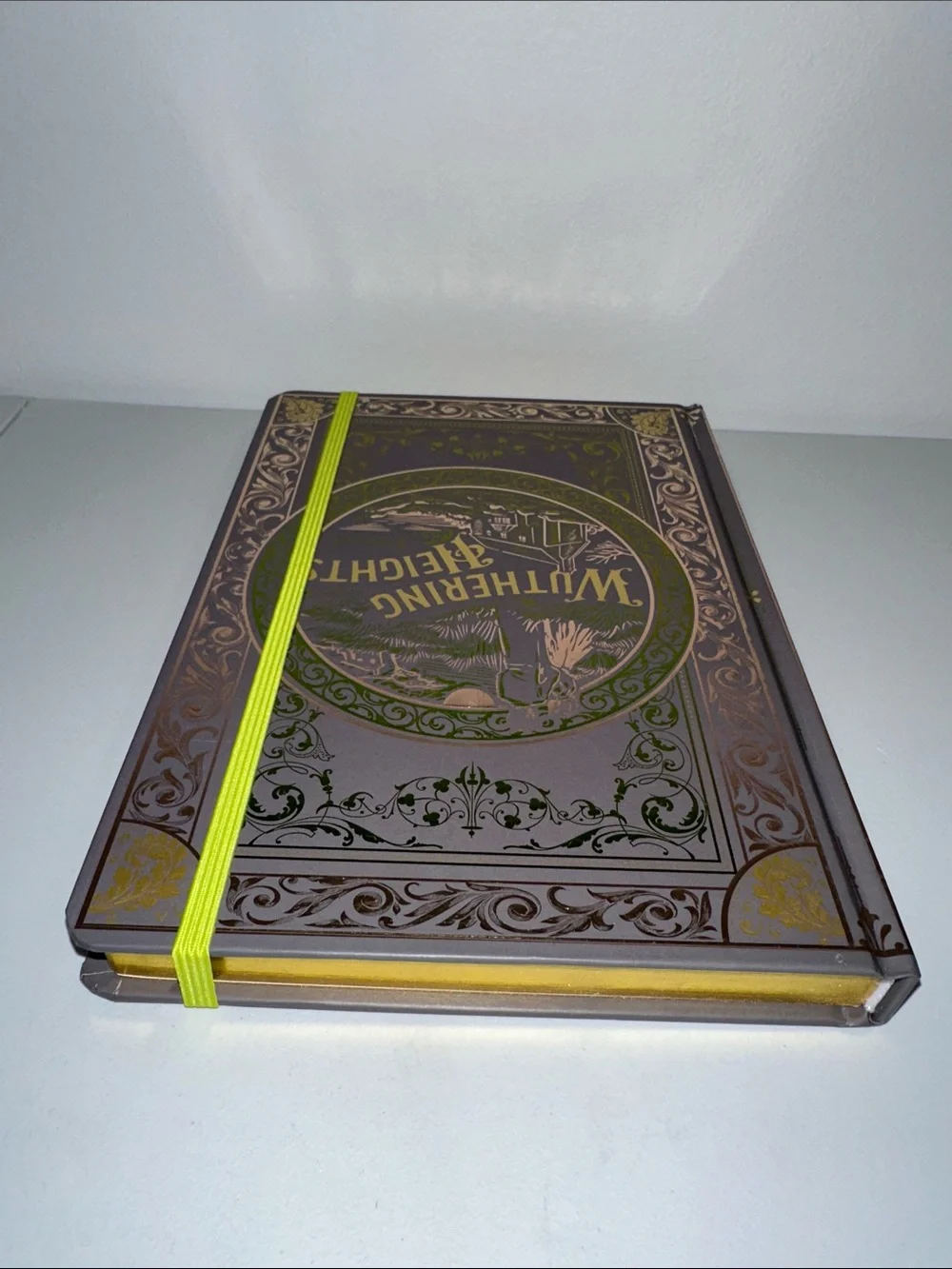 WUTHERING HEIGHTS JOURNAL GREEN gold foil lettering neon green elastic band.